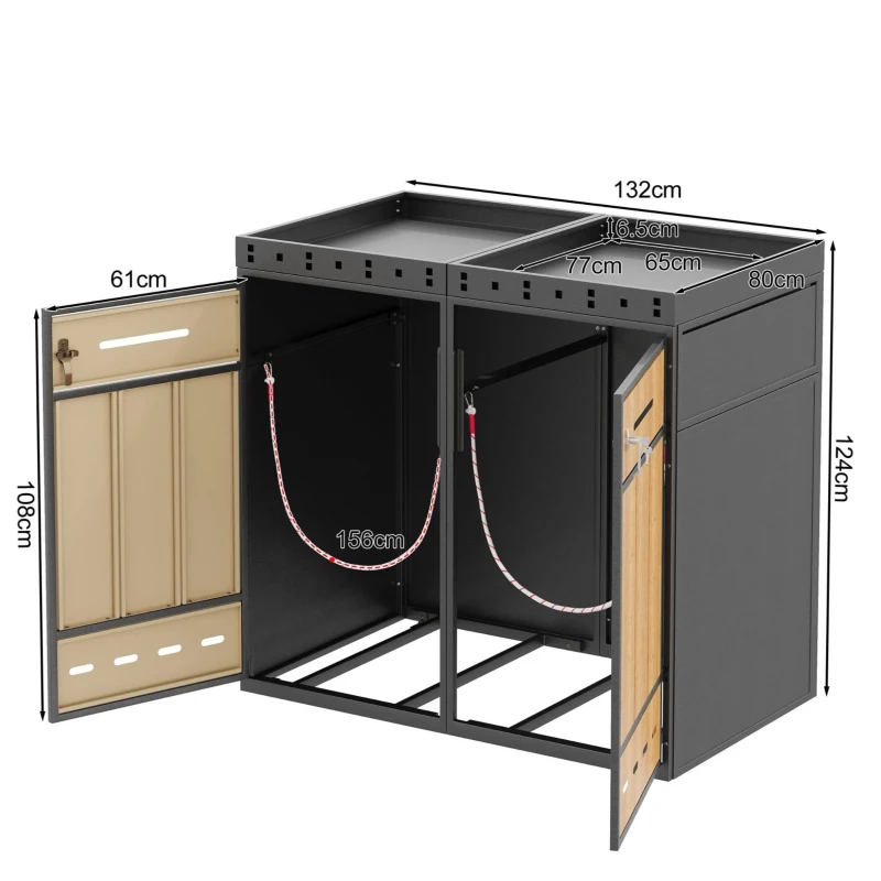 Doppel-Mülltonnenbox, 2‑fach Abfalltrennsystem, 132x80x124 cm, Grau+Naturfarbe