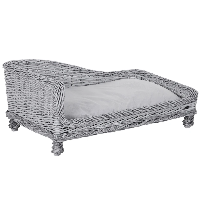 PawHut Canapé chiens chats sur pieds lit canapé méridienne animal style cosy chic coussin moelleux déhoussable intégré revêtement peluche osier dim. 69 x 42 x 33 cm gris