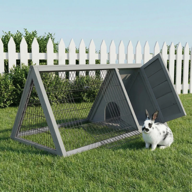 PawHut Wooden Rabbit Hutch Triangle Bunny Ferret Cage Guinea Pig Run Small Animal Hutch Grey 116 x 62.2 x 52.5 cm