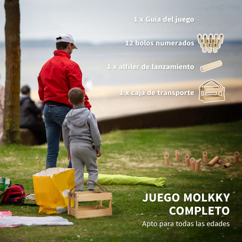 SPORTNOW Juego de Bolos Finlandeses de Madera con 12 Bolos 1 Palo y Caja de Transporte para Adultos Jardín Natural