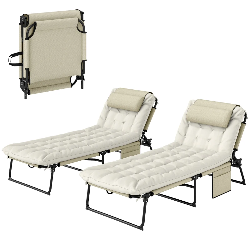 Outsunny Lot de 2 transats bains de soleil pliable avec dossier inclinable 4 positions - appui-tête et matelas épais beige