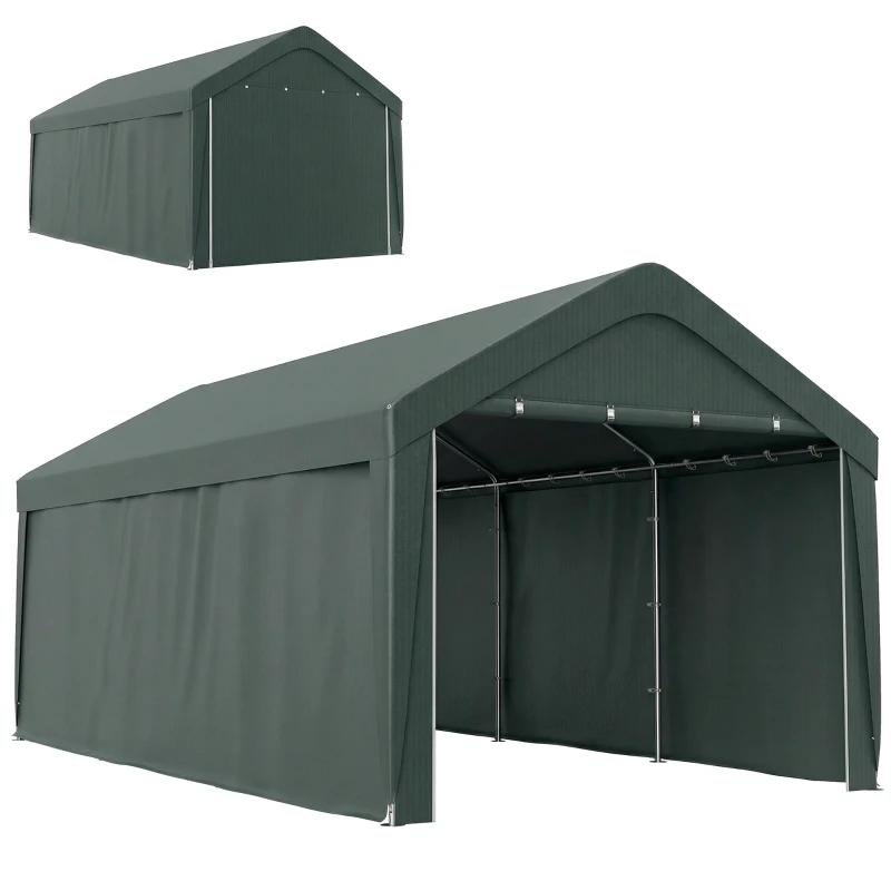 Outsunny Abrigo de Exterior 590x300x280 cm Garagem de Exterior para Carros Anti UV com Paredes Laterais Desmontáveis e 2 Portas Cinza Escuro