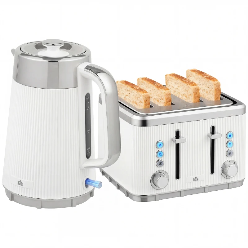 HOMCOM Electric Stainless Steel Kettle and Toaster Set, 3000W 1.7L UK Strix Thermostat Fast Boil Kettle w/ Limescale Filter, Cool Touch Body, 4 Slice Toaster with 7 Browning Levels, White