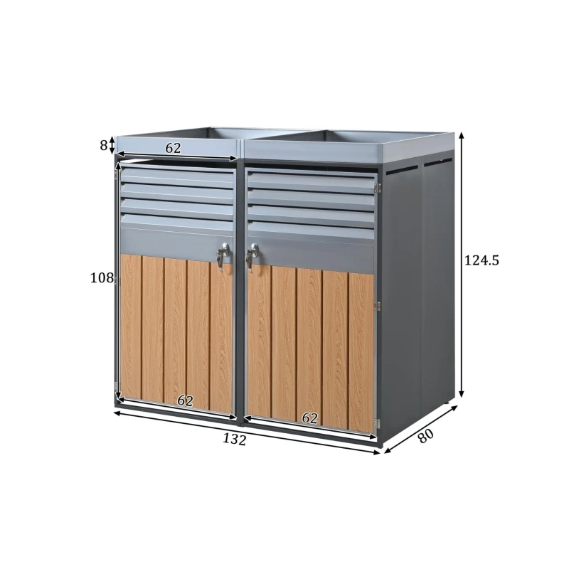 Abschließbare Mülltonnenbox mit integriertem Pflanzgefäß, Lamellenlüftung und zwei separaten Türen, 132x80x124,5 cm, Grau+Naturfarbe