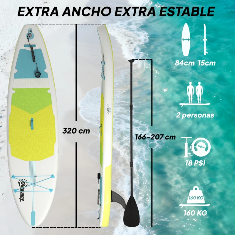 Outsunny Tabla de Paddle Surf Hinchable 320 cm, con Superficie Antideslizante Remo de Aluminio Ajustable Quilla Bomba y Mochila