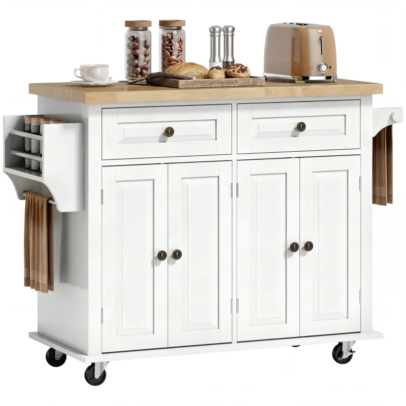 HOMCOM Desserte ilôt de cuisine multi rangements 2 tiroirs 2 placard 2 portes avec étagère range-bouteille porte-torchons et étagère réglable MDF blanc hévéa