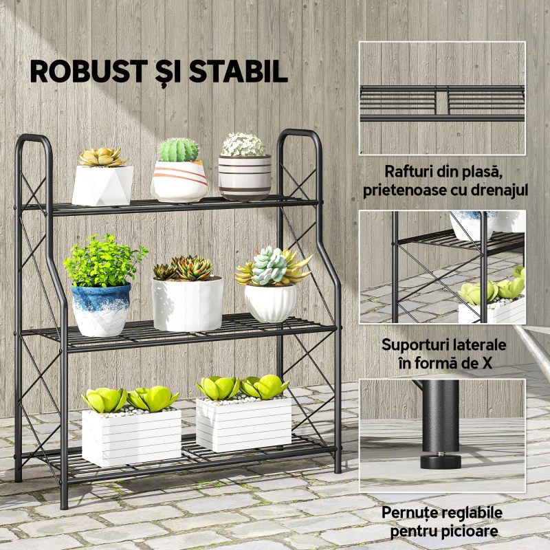 Outsunny Suport pentru plante cu 3 niveluri pentru interior și exterior din metal, 69x28.5x78 cm, negru