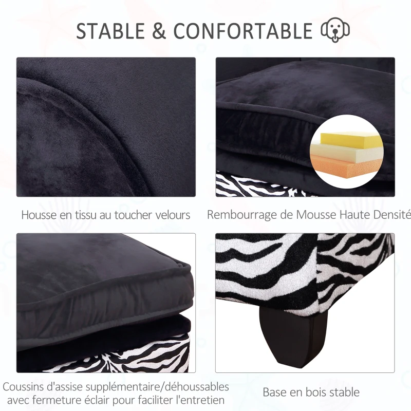 PawHut Méridienne canapé design pour chien chat avec coffre de rangement sur pied 57 x 34 x 36 cm noir zébré