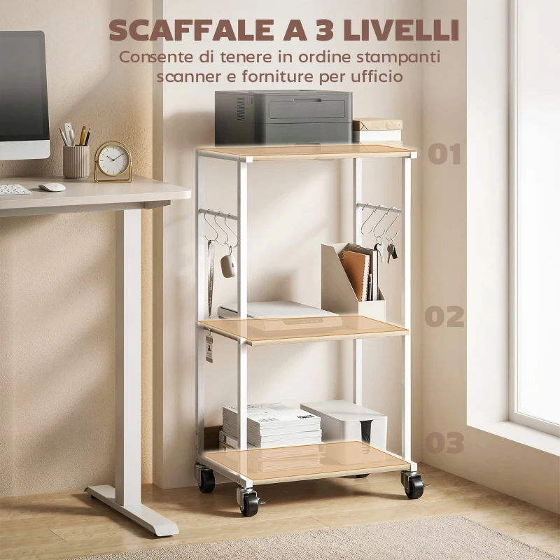 HOMCOM Supporto stampante a 3 livelli con ruote e ganci, Naturale
