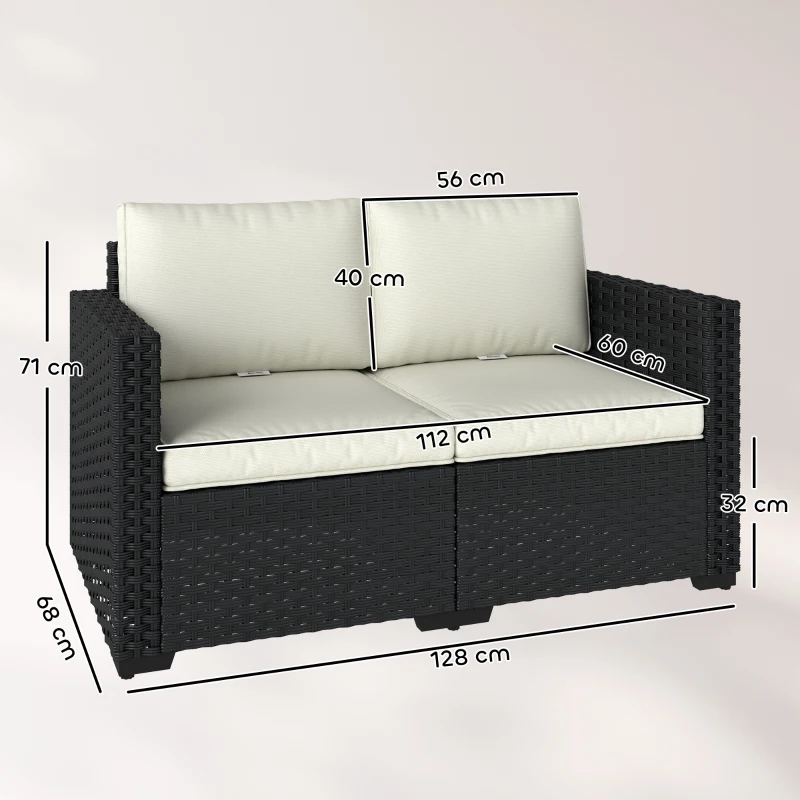 Outsunny 2 Seater Rattan Sofa, Outdoor Garden Sofa with Deep Seat, Cushions, Wide Armrests for Patio, Balcony, Porch, Black