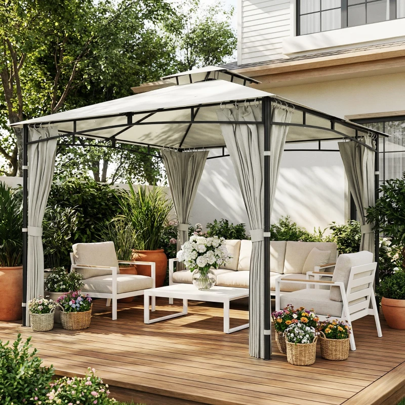 Outsunny Tonnelle de Jardin Extérieur Cadre de Toit Rétractable et Double Toit UV50+Imperméable 3x3m Crème