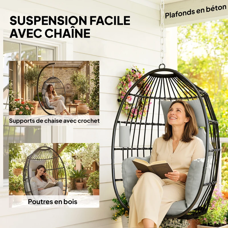 Outsunny Fauteuil suspendu, fauteuil œuf suspendu, panier pliable, coussins rembourrés, porte-gobelet, oreiller, gris foncé