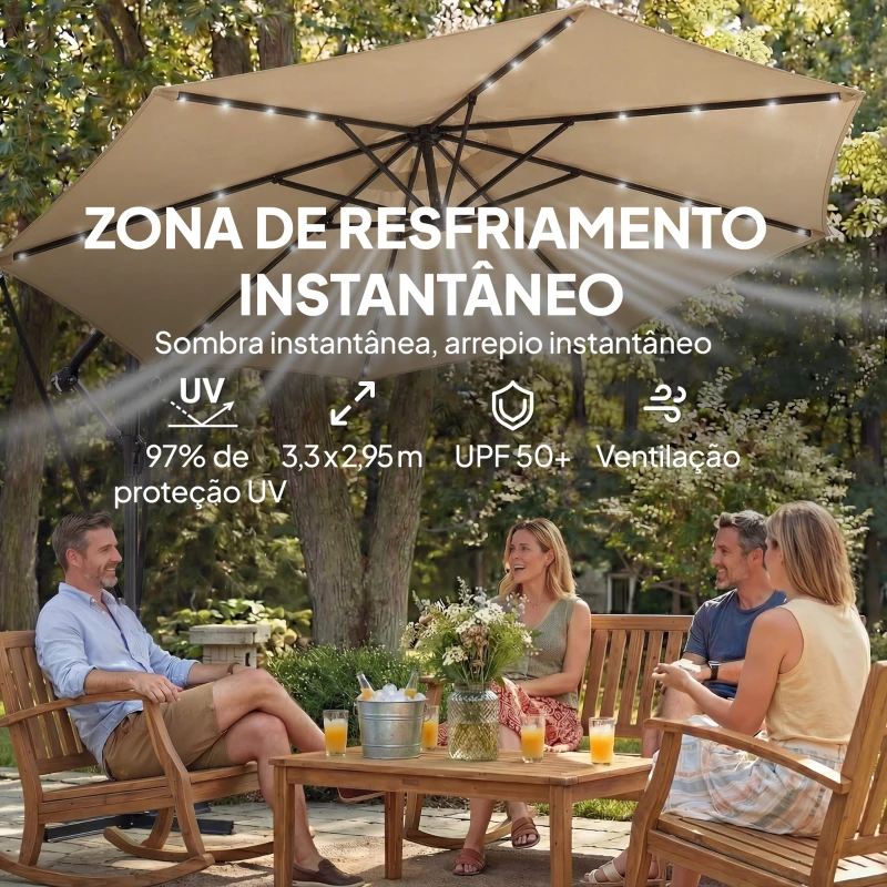 Outsunny Chapéu de Sol Excêntrico com Luzes LED Solares 330x295 cm Chapéu de Sol para Jardim com Base Cruzada Manivela Capa Protetora Caqui