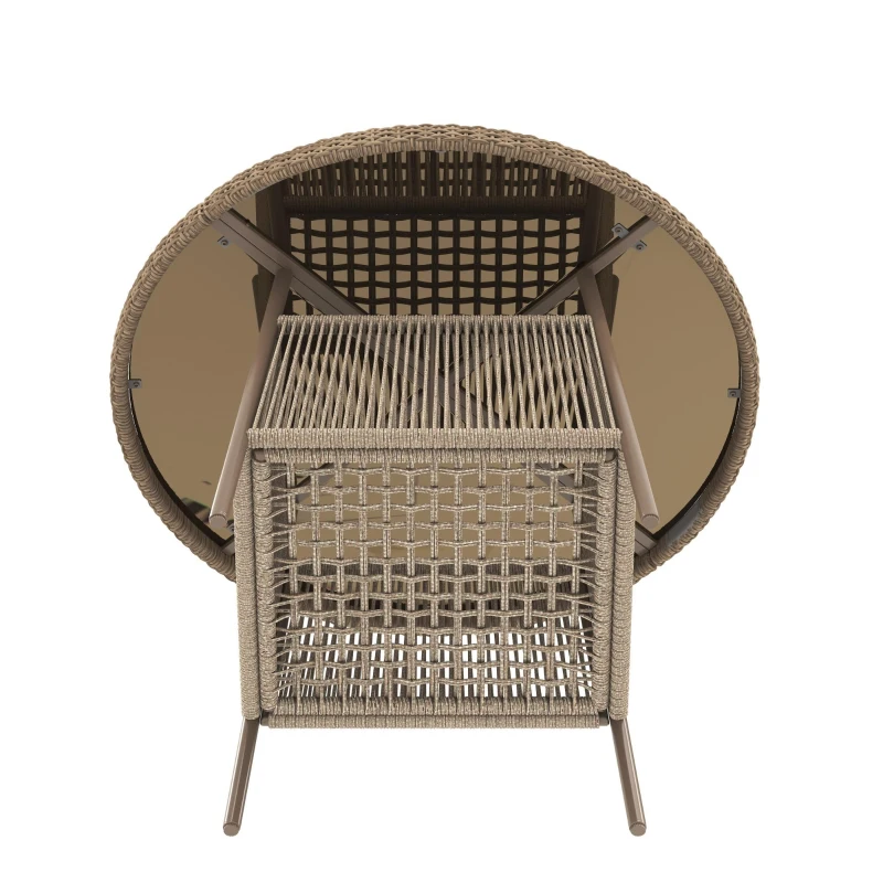 Conjunto de muebles de jardín moderno de 5 piezas, mesa redonda con tablero de vidrio templado, 4 sillas con reposabrazos y respaldo de cuerda, Marrón