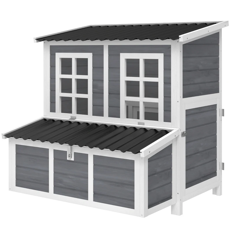 PawHut Pollaio in Legno con Nido a 3 Scomparti, Cassetto Estraibile, Tetto Impermeabile e Porta-rampa, 100x86x100 cm, Grigio