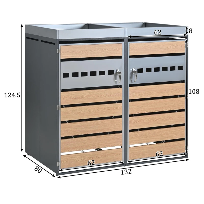 Mülltonnenbox mit integriertem Pflanztrog, vier abschließbare Einzeltüren, 264x80x124,5 cm, Grau+Naturfarbe