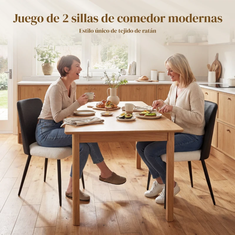 HOMCOM Juego de 2 Sillas de Cocina con Respaldo de PU de Imitación Ratán Patas de Acero y Asiento Acolchado Negro y Beige