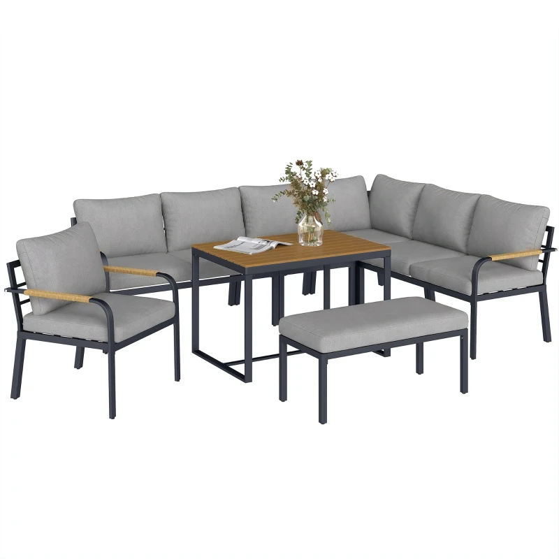 Outsunny 7 Seater Garden Furniture Set, Metal Garden Sofa Set with Cushions, Outdoor Furniture Conversation Sets, Light Grey