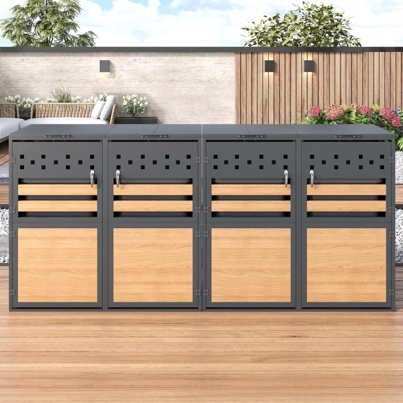 Mülltonnenbox mit hydraulischem Klappdeckel, vier abschließbare Fächer, rautenförmige Belüftung, 264x80x120 cm, Grau+Naturfarbe