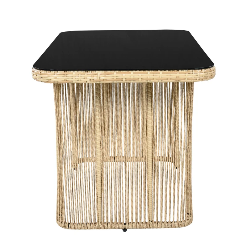 5-teiliges PE‑Rattan-Gartenmöbel-Set, 3‑Sitzer-Sofa, 2 Sesseln und Glastisch, Beige+Schwarz+Weiß