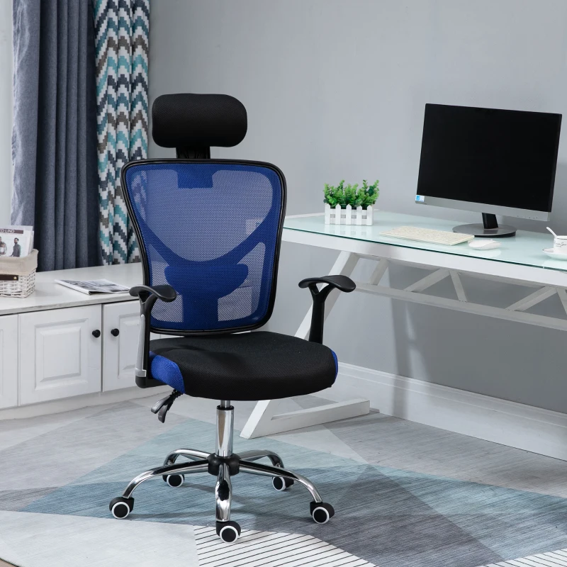Vinsetto Chaise de bureau, fauteuil de bureau ergonomique en maille avec hauteur et appui-tête réglable, dossier inclinable et support lombaire, pour chambre, télétravail, charge 120 Kg, noir et bleu