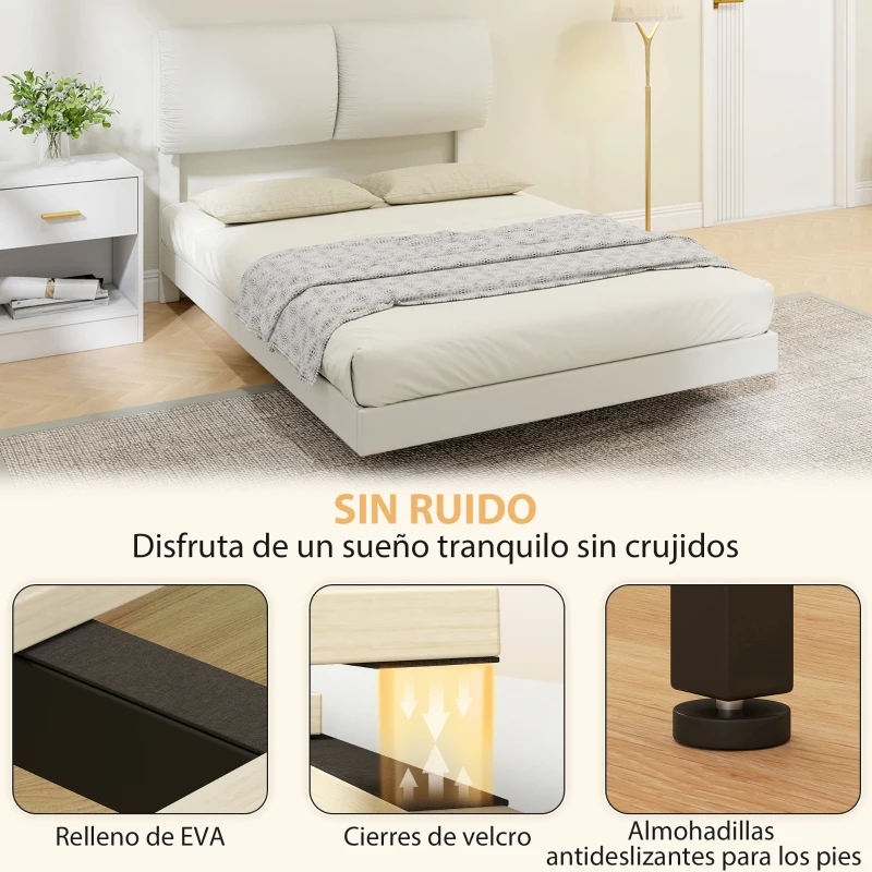 HOMCOM Cama Doble de 135x190 cm Somier con Cabecero Acolchado Efecto Flotante Estructura Metálica Beige