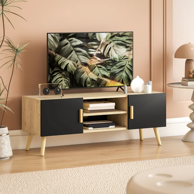 HOMCOM Suport TV din lemn până la 127 cm cu rafturi, 2 dulapuri și treceri pentru cabluri, stejar