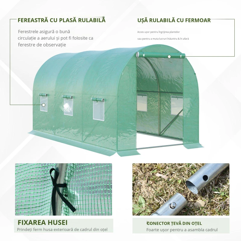 Outsunny Seră de Grădină Tunel 8m² 4L x 2l x 1,9H m Oțel galvanizat Polietilenă cu densitate ridicată ferestre ușă Verde