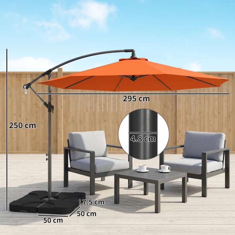 Outsunny 3m Overhanging Parasol, with Base, Weights and Cover - Orange
