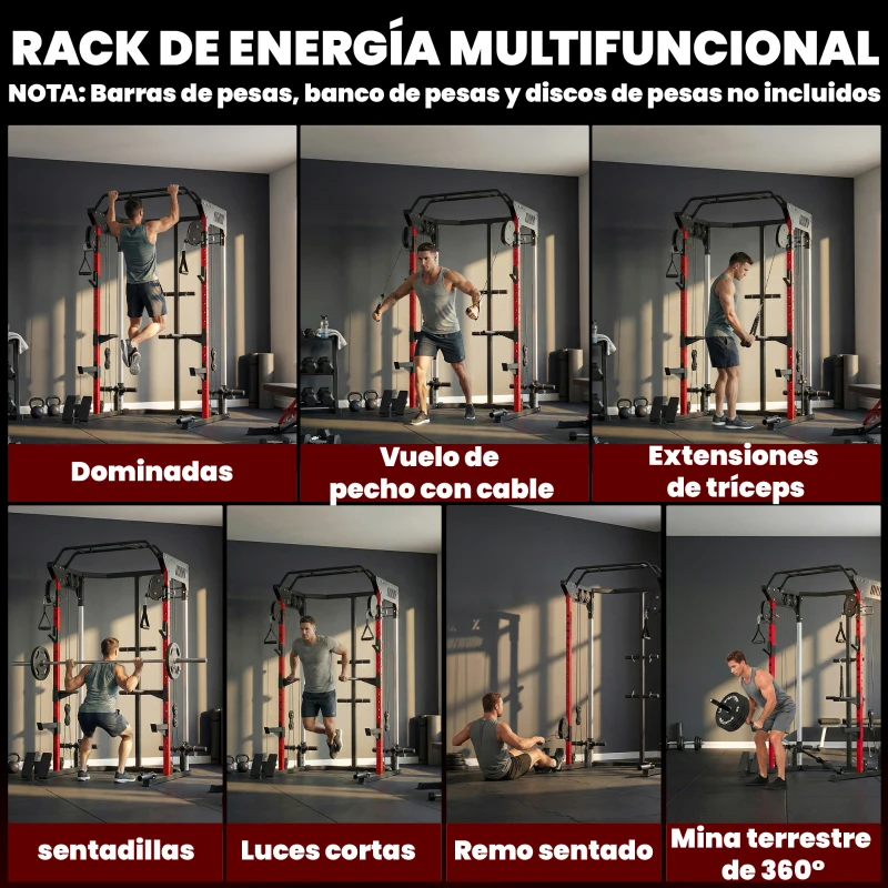 SPORTNOW Jaula de Potencia Smith Machine, Rack para Sentadillas con Sistema Polea Ajustable Barra Dominadas y Estación de Fondos
