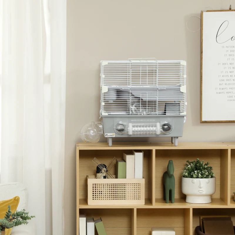 PawHut Jaula para hámster de 2 niveles con rueda de carrera y baño de arena para hámster enano 44,5 x 28 x 44 cm gris