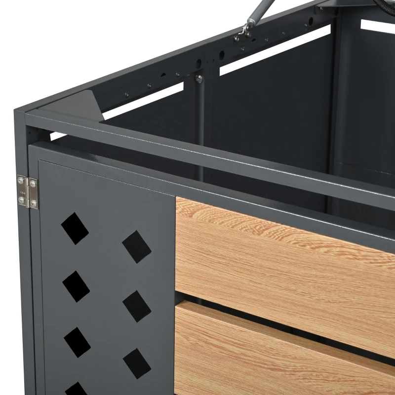 Mülltonnenbox mit hydraulischem Klappdeckel, zwei separaten Fächern und abschließbaren Türen, 132x80x118,5 cm, Grau+Naturfarbe