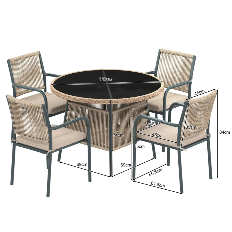 Conjunto de muebles de jardín moderno de 5 piezas, mesa redonda con tablero de vidrio templado, 4 sillas con reposabrazos y respaldo de cuerda, Gris