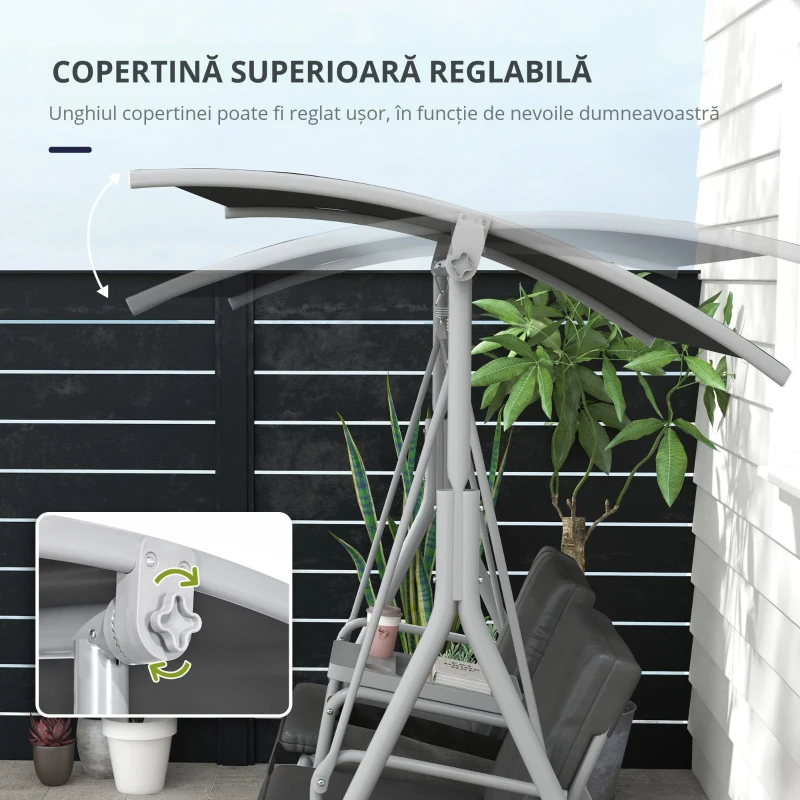 Outsunny Balansoar Exterior cu Măsuță de Cafea și Suport Central pentru Pahare, Leagăn cu 2 Locuri și Acoperiș, 175x112x158 cm, Gri