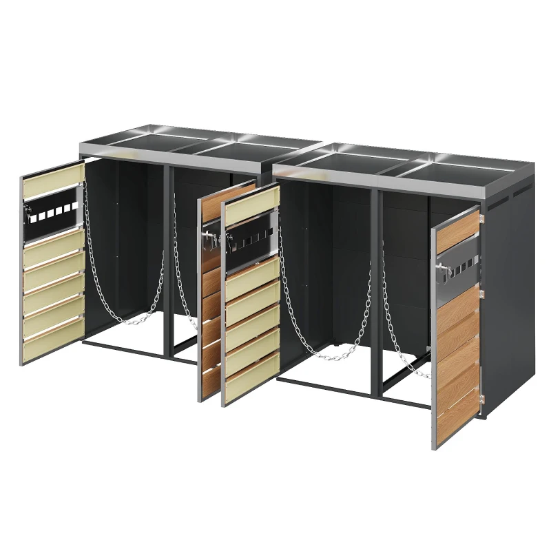 Mülltonnenbox mit integriertem Pflanztrog, vier abschließbare Einzeltüren, 264x80x124,5 cm, Grau+Naturfarbe