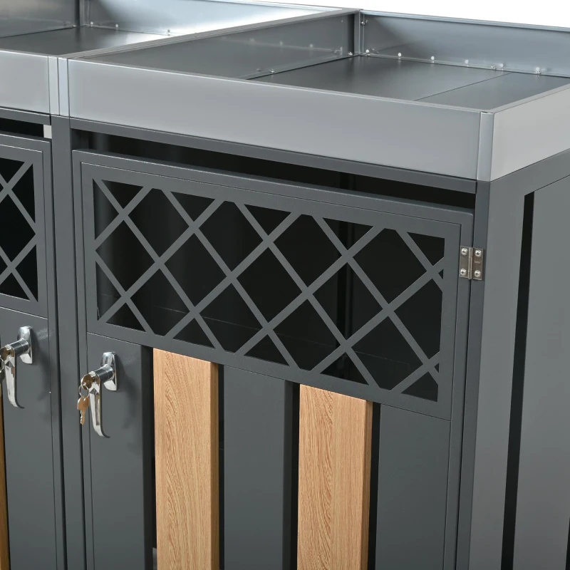 Mülltonnenschrank mit Blumentrog, 2-tlg. abschließbare Mülltonnenbox, 132x80x124,5 cm, Grau+Naturfarbe