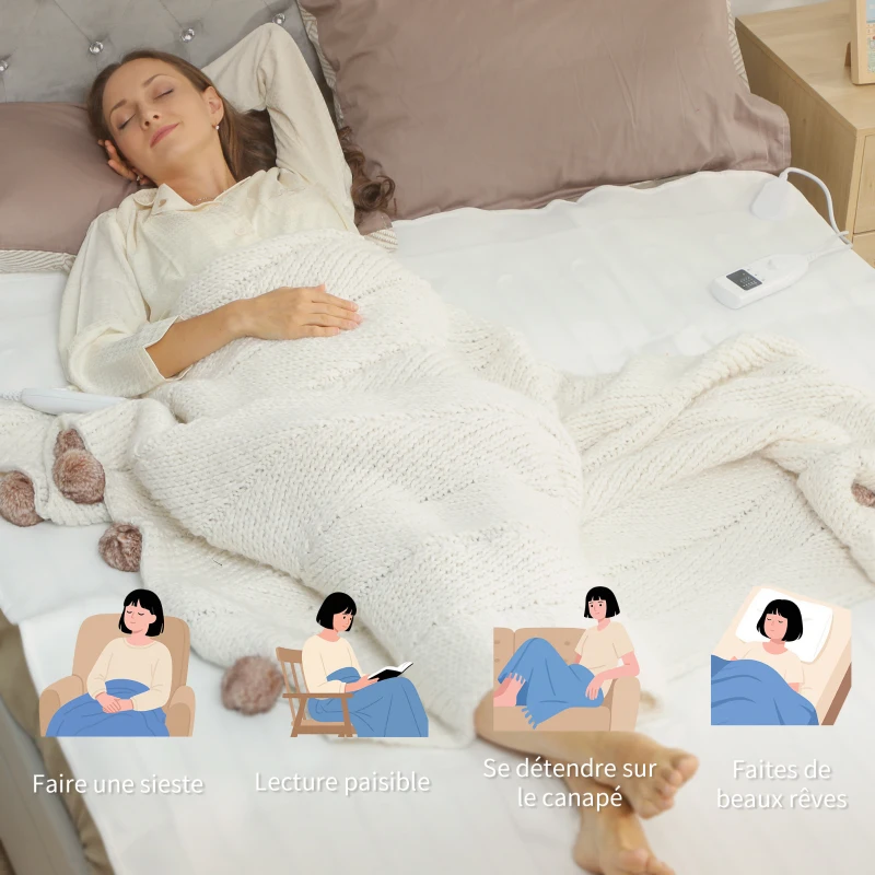 HOMCOM Couverture chauffante, plaid chauffant avec double commande, 5 niveaux de chauffage, minuterie 10H, 160x140cm, blanc