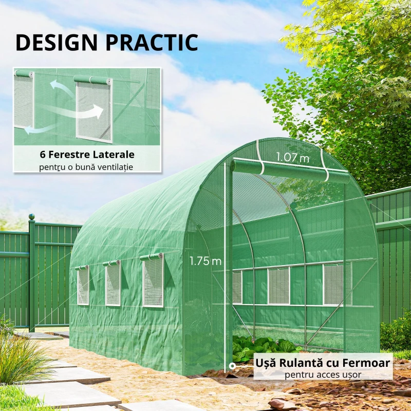 Outsunny Seră de Grădină cu Ferestre, Ușă și Acoperiș Rotunjit, 3.5x2x2m, Verde