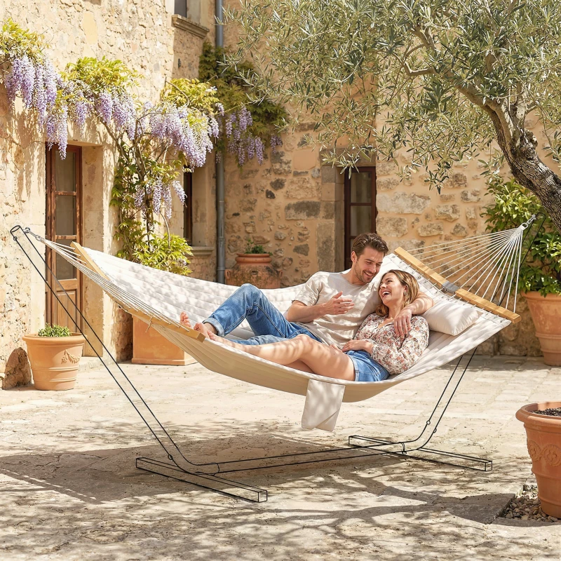 Outsunny Amaca da Giardino con Cuscino e Tasca, in Poliestere con Barre di Legno, 325x140x2.5 cm, Bianco Crema