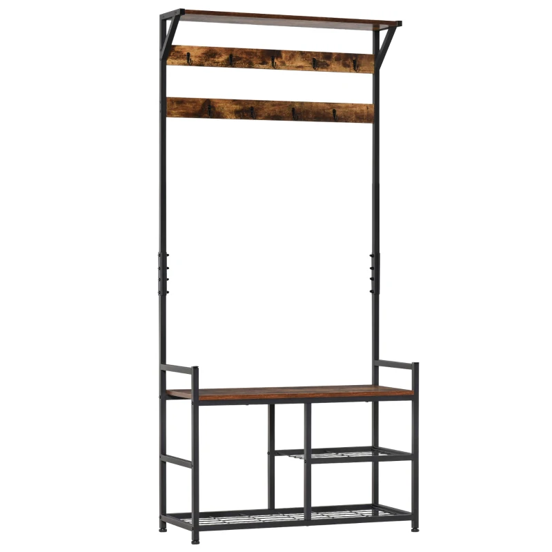 HOMCOM Meuble d'entrée 3 en 1 avec porte-manteau range-chaussures et banc 3 étagères 84 x 34,5 x 180 cm marron et noir