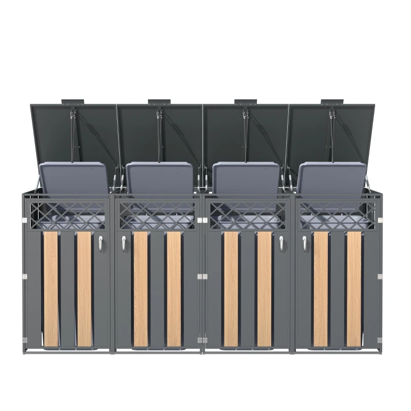 Mülltonnenbox mit hydraulisch gestütztem Klappdeckel, 4 separate Fächer, für Außenbereich, 264x80x118.5 cm, Grau+Naturfarbe