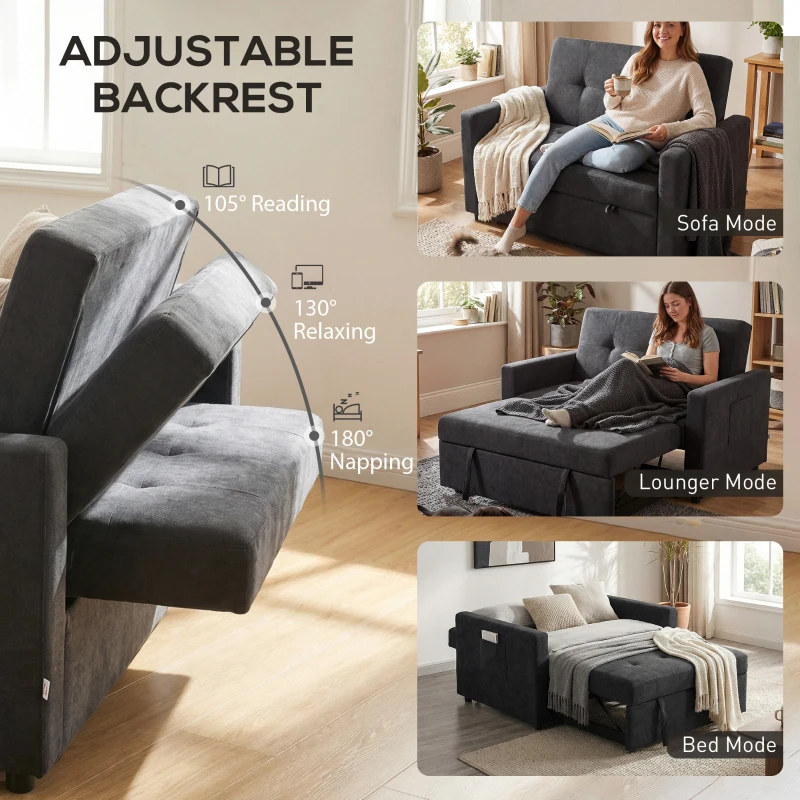 HOMCOM Loveseat Sofa Bed, Convertible Bed Settee with 2 Pillows, Side Pockets, Black