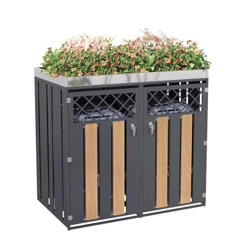 Mülltonnenschrank mit Blumentrog, 2-tlg. abschließbare Mülltonnenbox, 132x80x124,5 cm, Grau+Naturfarbe