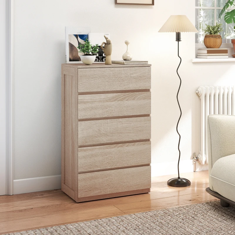 HOMCOM Comodă cu 5 Sertare din Lemn cu Ghidaje Metalice și Mânere Canelate, 60x39x100 cm, Lemn Natural