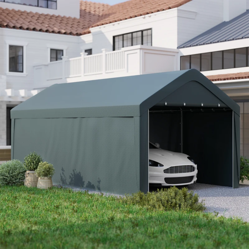 Outsunny Carport Garagezelt 3 x 6 m, Außen-Carport, abnehmbare Seitenwände, 2 aufrollbare Reißverschluss-Türen, dunkelgrau