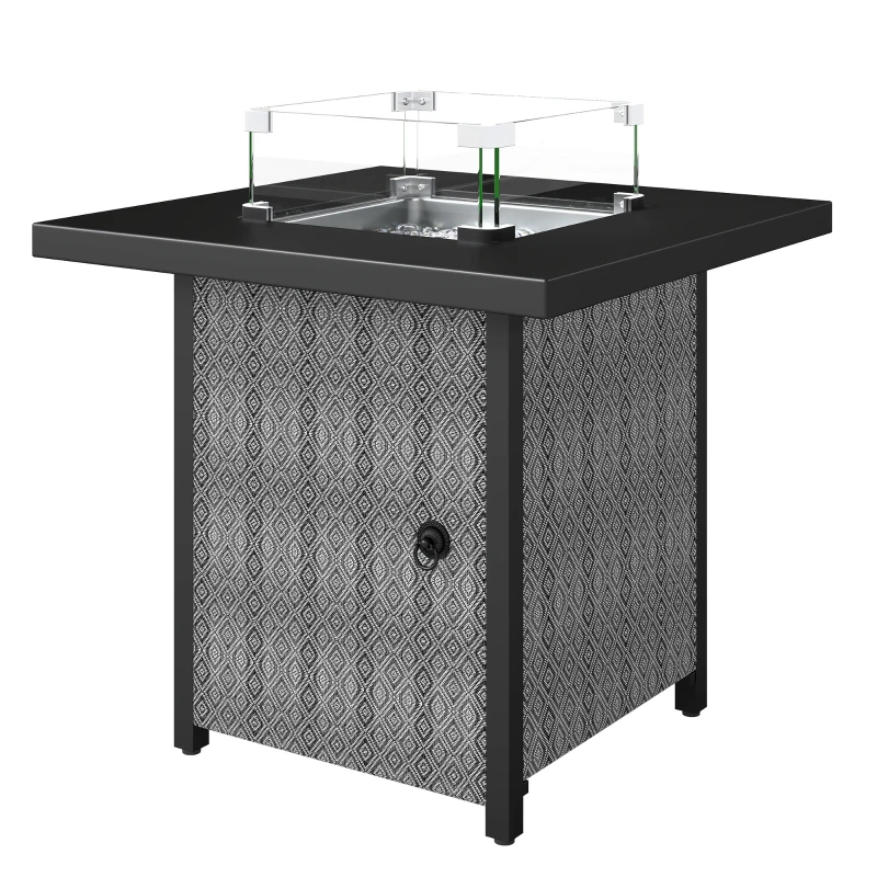 Outsunny Propane Gas Fire Pit Table for Garden, 11.7 KW Smokeless Firepit Outdoor Heater with Wind Guard, Glass Rocks, Lid, Black