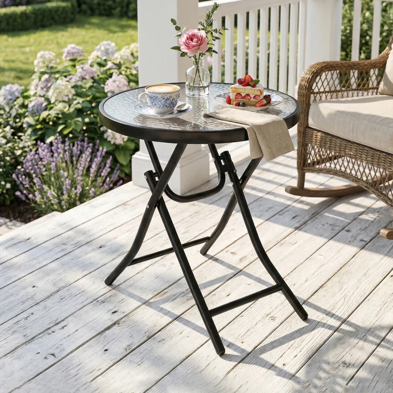 Outsunny Foldable Garden Table, Round Folding Table with Glass Tabletop and Safety Buckle for Patio, Garden, Outdoor, Indoor, Black