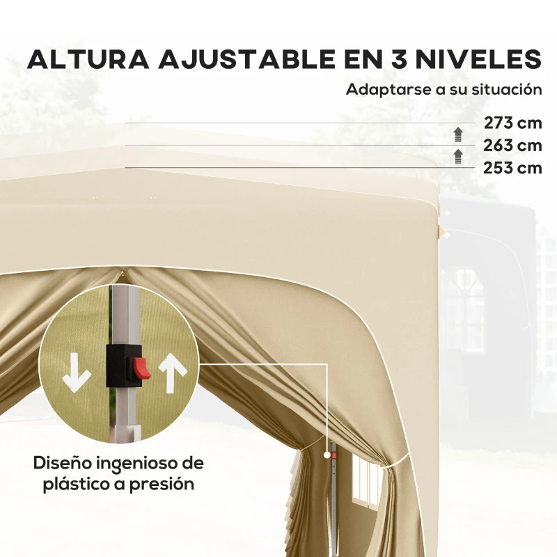 Outsunny Cenador Plegable 3x3 m Gazabo con Paneles Laterales UPF50+ Altura Ajustable y Bolsa de Transporte Arena