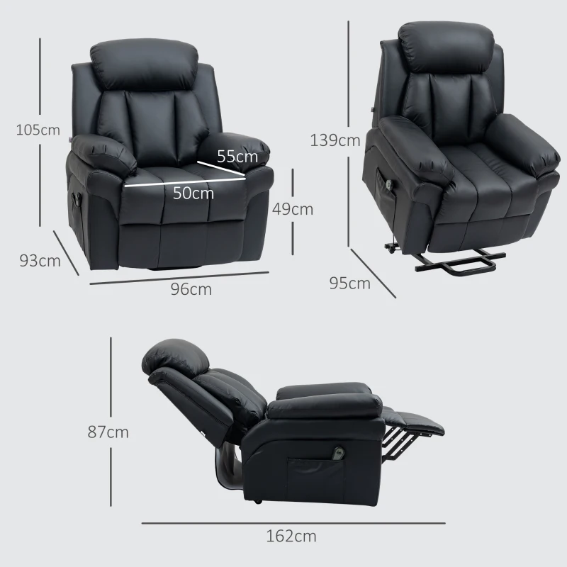 HOMCOM Fotoliu Recliner Electric cu Funcție de Ridicare, Tapițerie Groasă și Telecomandă, 96x93x105 cm, Negru