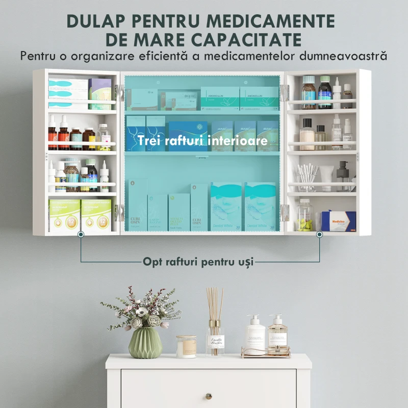 HOMCOM Dulap Medicamente de Perete cu Cheie, 3 Rafturi Interne și 8 Suporturi pentru Sticle, Dulap din MDF și Metal, pentru Bucătărie, Hol, Living, 53x20x53 cm, Alb
